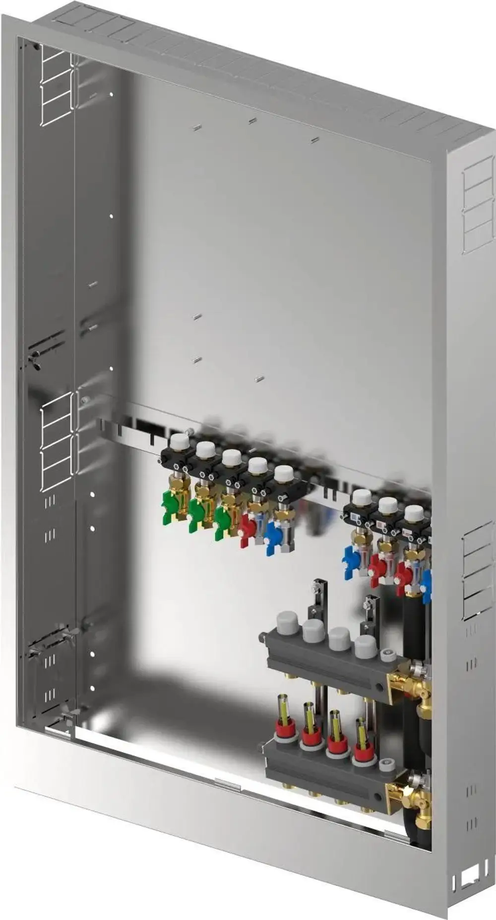 Metallisches Verteilergehäuse mit Anschlüssen und Ventilen, konstruiert von Uponor, präsentiert in einer offenen Ansicht zur Installation in Heizungs- oder Sanitärsystemen.
